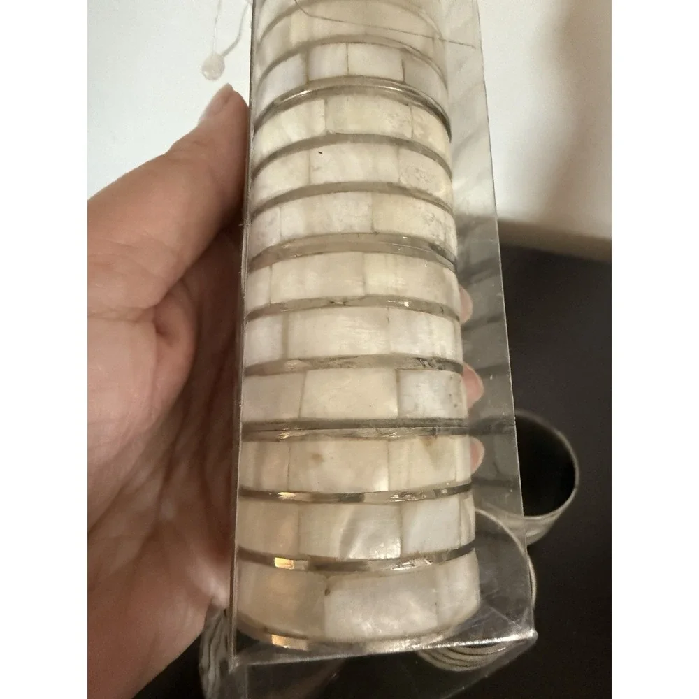 Mother of Pearl Silver Tone Metal Napkin Rings Holders Vintage Set Of 8